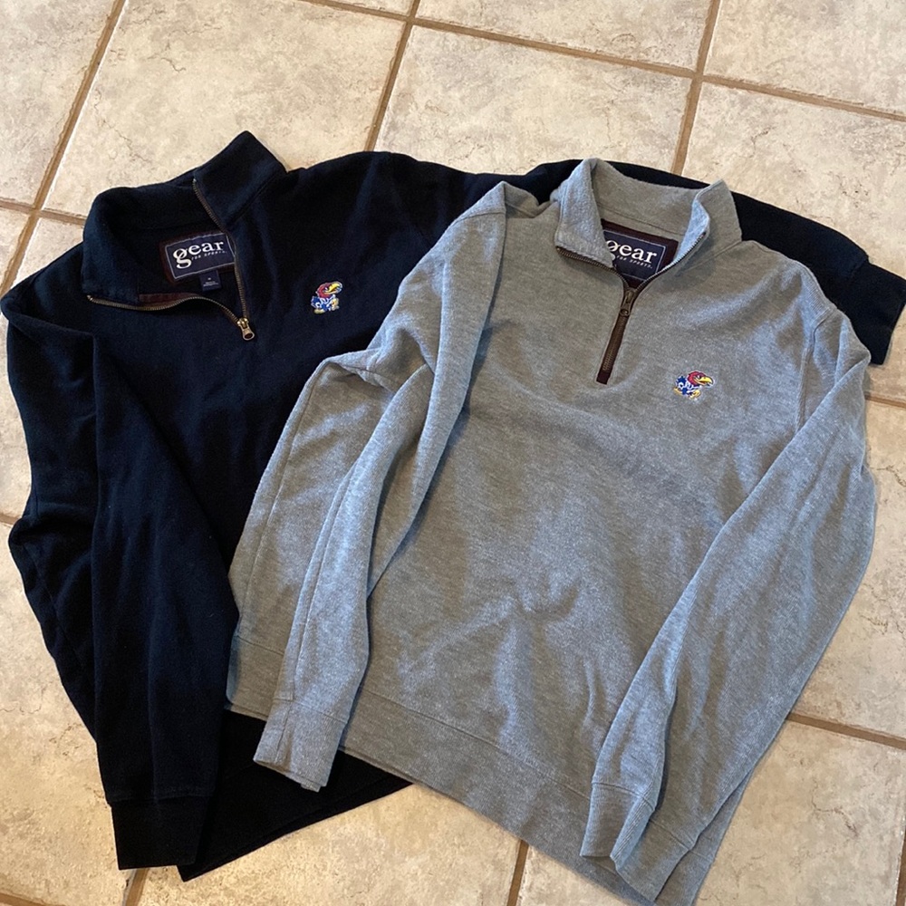 Two jayhawk University of Kansas quarter zip sweaters! Rock chalk jayhawk! GUC